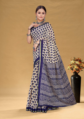 Divastri Blocked Printed, Printed Chanderi Cotton Blend Saree(Cream, Dark Blue)