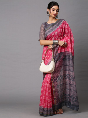 Divastri Printed Chanderi Linen Saree(Pink)