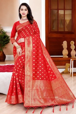 ALMEDA Woven Kanjivaram Silk Blend, Jacquard Saree(Red)