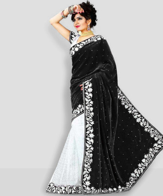 FoogFeb Embellished Bollywood Velvet Saree(Black)