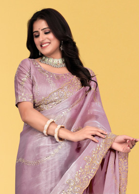 Mortile Designer Studio Embroidered Banarasi Lycra Blend Saree(Purple)