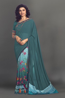 SARIK Floral Print Bollywood Georgette, Chiffon Saree(Light Blue, Green)