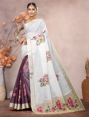 Gajal Printed Kanjivaram Pure Cotton, Cotton Linen Saree(White, Magenta)