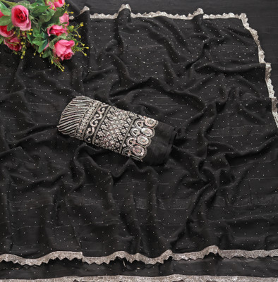 Vichitra Embellished Bollywood Chiffon, Silk Blend Saree(Black)