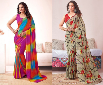 KISSAH Printed Bollywood Georgette Saree(Pack of 2, Multicolor)