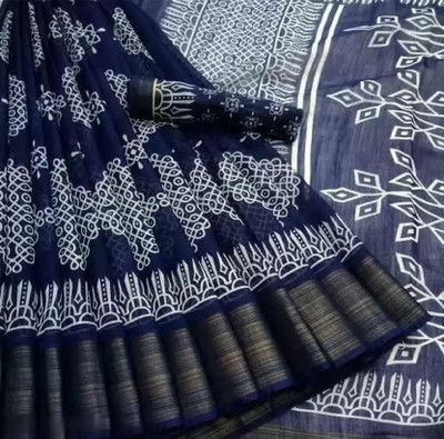 THE PRIVATE LABLE Geometric Print Bollywood Cotton Silk Saree(Blue)