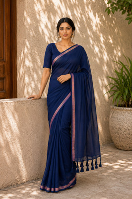 SRINJAN FASHION Solid/Plain Daily Wear Handloom Cotton Blend Saree(Blue)