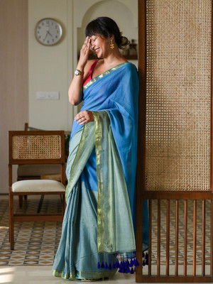 Suta Woven Handloom Pure Cotton Saree(Blue)