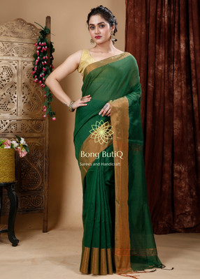 Bong ButiQ Solid/Plain Bollywood Handloom Cotton Blend Saree(Dark Green, Gold)
