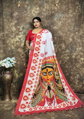 GulabiSaheba Printed Handloom Khadi Saree(White, Red, Yellow, Blue)