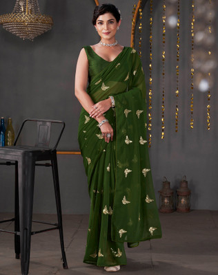 Tasrika Embellished, Embroidered Bollywood Georgette Saree(Green)