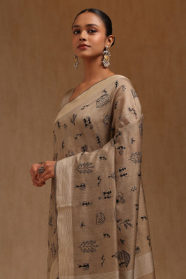 soch Printed Saree with Attached Blouse Chanderi Saree(Beige)