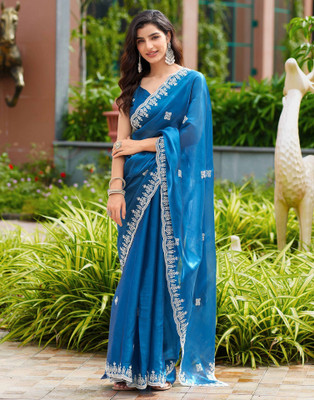 Satrani Embroidered, Embellished Bollywood Jimmy choo, Tissue Saree(Blue)