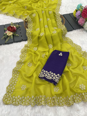 saanvi Solid/Plain, Self Design Bollywood Georgette Saree(Yellow)