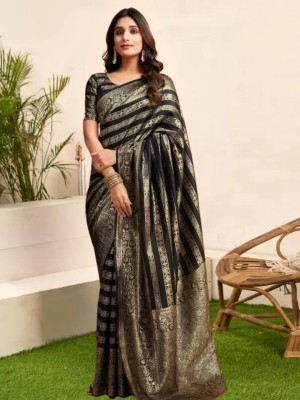 KAZIA Woven Kanjivaram Jacquard, Silk Blend Saree(Black)