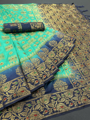 Rupatika Woven Kanjivaram Pure Silk, Cotton Silk Saree(Dark Blue, Green)