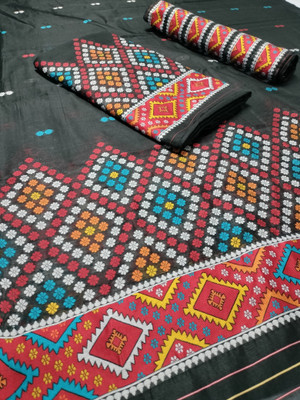 YIZATZ KY GRACIA CREATION Woven Mekhela Chador Pure Cotton Saree(Black, Multicolor)