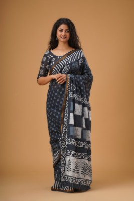 Kiaaron Hand Painted, Printed, Self Design, Blocked Printed Ikkat Pure Cotton Saree(Blue)