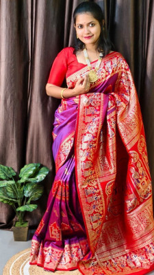 Suto Woven Baluchari Art Silk Saree(Purple, Red)