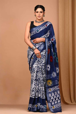VastraNest Printed Hand Batik Cotton Linen Saree(Blue, White)