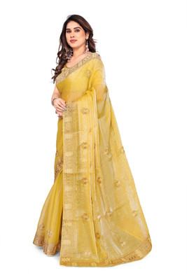 MIYANIFAB Embroidered Bollywood Silk Blend Saree(Beige)