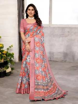 Marabout Digital Print Bollywood Cotton Linen Saree(Red, Silver)