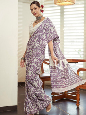 Tasrika Printed Daily Wear Cotton Blend Saree(Purple)