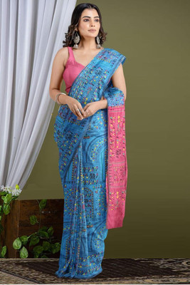 BiswasTextiles Self Design Handloom Cotton Blend Saree(Light Blue)