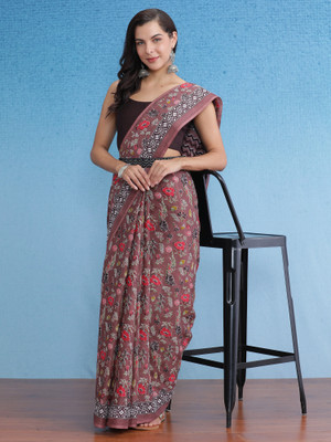 Tasrika Printed Daily Wear Cotton Blend Saree(Brown)