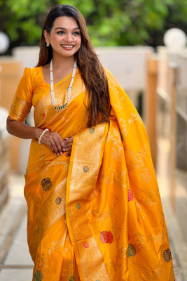 ROOP LAVANYA Woven Paithani Cotton Silk, Jacquard Saree(Yellow)