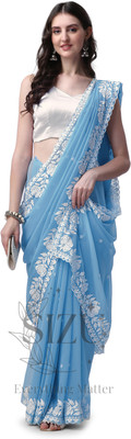 SIZU Embroidered Lucknow Chikankari Art Silk Saree(Blue)