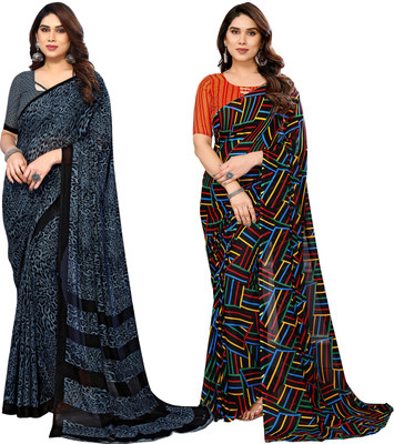 kashvi sarees Printed Daily Wear Georgette Saree(Pack of 2, Light Blue, Black, Multicolor)