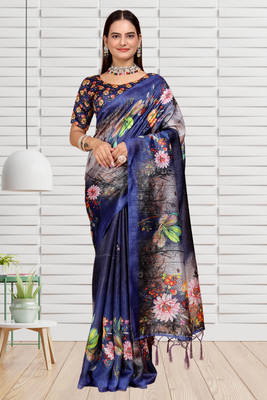 Pranamita Digital Print Daily Wear Silk Blend Saree(Dark Blue)