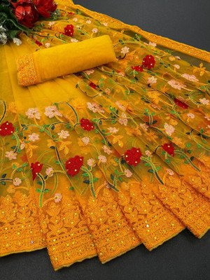 SATVASHIV Embroidered Bollywood Net Saree(Yellow)