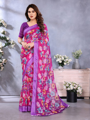 Moda Rapido Embellished, Floral Print Bollywood Georgette, Satin Saree(Pink, Purple)