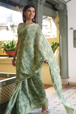 MIRCHI FASHION Printed, Floral Print Daily Wear Chiffon, Georgette Saree(Light Green, Green)