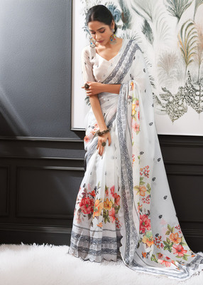Samah Floral Print, Printed Kota Doria Cotton Blend Saree(White, Multicolor)