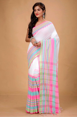 Bhadra Self Design Handloom Pure Cotton Saree(White, Pink)