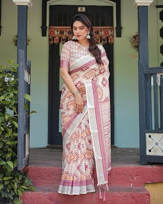 FRIYAL Digital Print Bollywood Cotton Linen Saree(Multicolor)