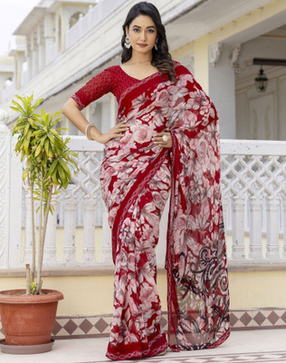 SIRIL Printed Daily Wear Georgette Saree(Red)