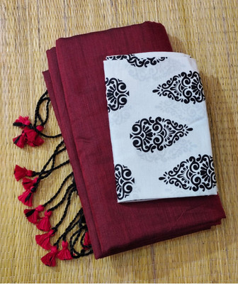 TARAMAACREATION Solid/Plain Bollywood Handloom Pure Cotton Saree(Maroon, White)