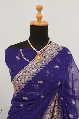 Mikhushop Embroidered Bollywood Organza Saree(Blue)