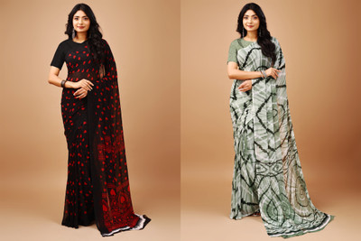 Leelavati Printed Daily Wear Chiffon Saree(Pack of 2, Black, Green)