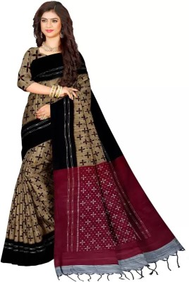 Bhadra Shopping Store Printed Ikkat Handloom Viscose Rayon, Cotton Blend Saree(Brown)