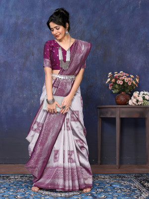 Dream Style Embellished, Woven Banarasi Jacquard, Silk Blend Saree(Purple)