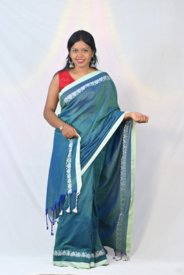 Ahana Textile Self Design Handloom Cotton Blend Saree(Blue)