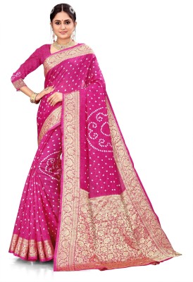 Luna Printed Bandhani Art Silk, Jacquard Saree(Pink)