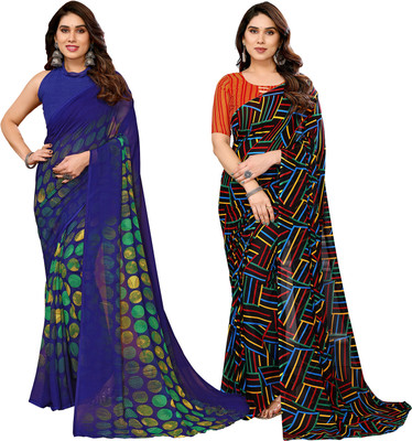 Anand Sarees Printed Daily Wear Georgette Saree(Pack of 2, Blue, Black)