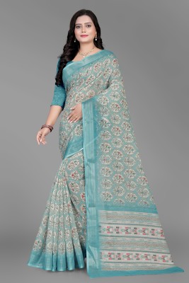 SJY Printed Bollywood Linen Saree(Cream)