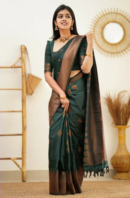 RASVRITI Printed Kanjivaram Pure Silk, Art Silk Saree(Green)